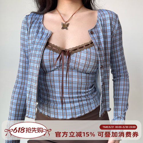 GoGirlGo格纹吊带开衫两件套