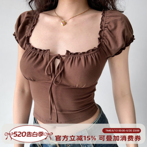 欧美风系带方领泡泡袖短袖T恤女