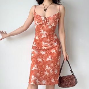 Go Girl Go 自制欧美风系带印花吊带连衣裙中长款度假裙海边穿搭