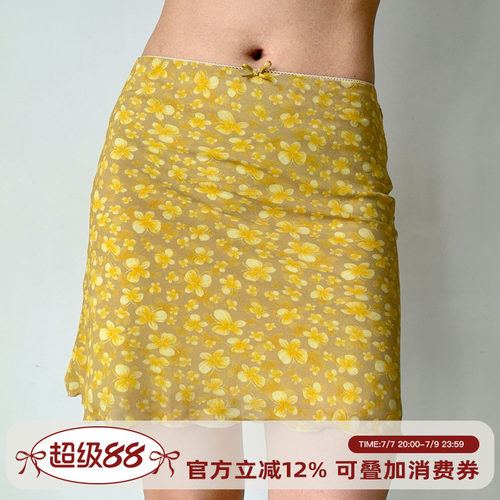 Go Girl Go 自制美式复古黄色蝴蝶印花短裙女夏季a字半身裙
