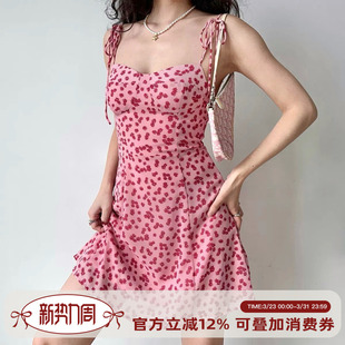 Go欧美风甜辣粉色碎花吊带裙女夏肩部绑带连衣裙a字短裙 Girl