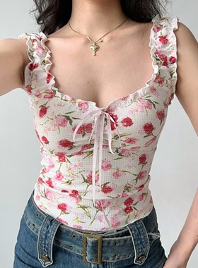 Go Girl Go 欧美风木耳边印花无袖背心修身短款辣妹上衣女夏季