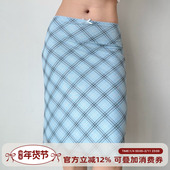 自制欧美风蓝色格子网纱半身裙女夏季 Girl 松紧腰包臀裙子
