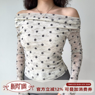 T恤女修身 波点性感一字肩上衣早秋长袖 自制法式 Girl