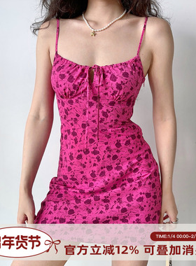 Go Girl Go自制法式复古碎花绑带吊带裙夏性感修身连衣裙包臀短裙