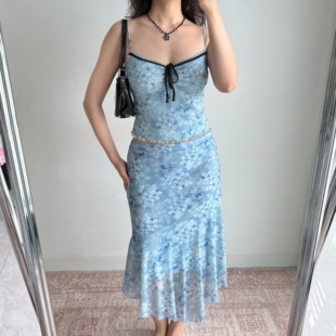 不规则半身裙套装 复古蓝色印花吊带 自制法式 女两件套 Girl