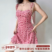 Girl Go欧美风甜辣粉色碎花吊带裙女夏肩部绑带连衣裙a字短裙