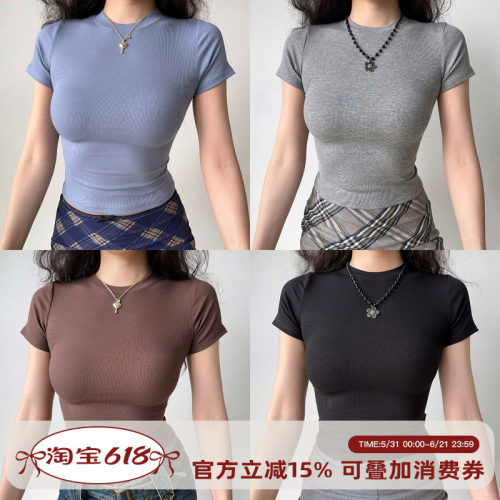 Go Girl Go 欧美风纯色小圆领修身正肩短款T恤女螺纹短袖上衣