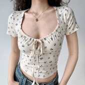 女夏高腰正肩T恤上衣 Go自制欧美风性感大U领碎花绑带短袖 Girl