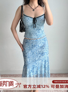 Go Girl Go 自制法式复古蓝色印花吊带+不规则半身裙套装女两件套