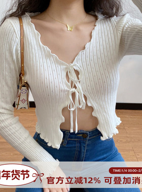 Go Girl Go 性感小众欧美绑带木耳边白色针织镂空开衫外套女秋冬