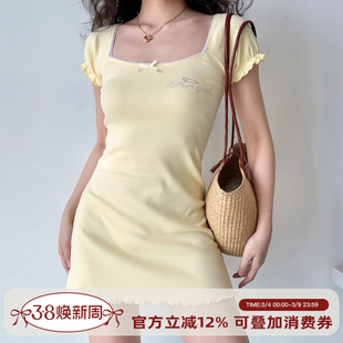 Go Girl Go 自制欧美风字母烫钻木耳边方领短袖连衣裙女A字短裙