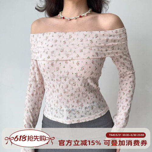Go Girl Go 自制欧美纯欲风一字领长袖T恤女修身显瘦辣妹碎花上衣