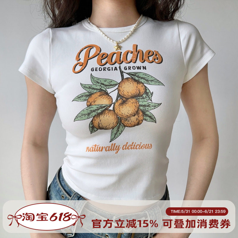 Go Girl Go 自制欧美风桃子印花白色正肩T恤女夏修身高腰短袖上衣