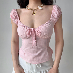 Go Girl Go 自制法式甜辣风性感低胸粉色泡泡袖衬衫女夏修身上衣