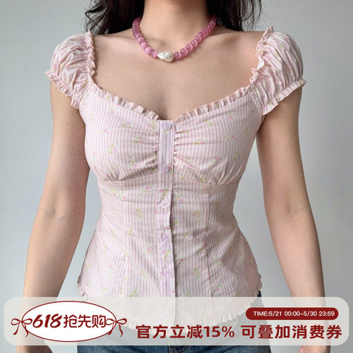 GoGirlGo法式粉色泡泡袖上衣女