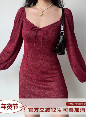 Go Girl Go 圣诞限定/自制复古欧美风细闪红色连衣裙女灯笼袖短裙