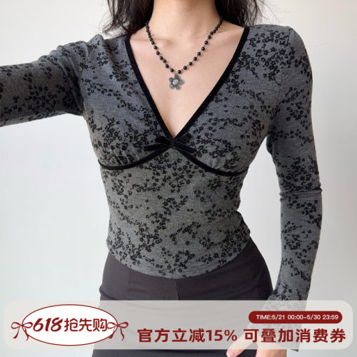 Go Girl Go 自制欧美风性感深v领植绒长袖T恤女修身打底上衣