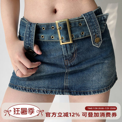 美式复古牛仔半身裙超短裙防走光