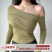 短款 上衣 T恤女秋季 修身 Girl 自制欧美风斜领露肩长袖