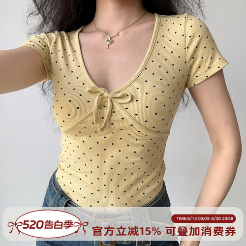 Go Girl Go自制欧美风复古波点蝴蝶结v领T恤女夏修身显瘦短袖上衣