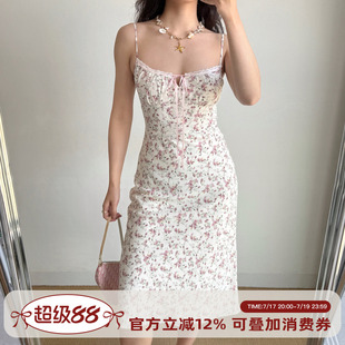 Go Girl Go 自制法式复古碎花吊带裙中长款裙子女夏修身连衣裙
