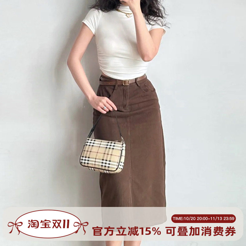 Go Girl Go 美式复古前开叉高腰显瘦直筒牛仔半身裙女中长款