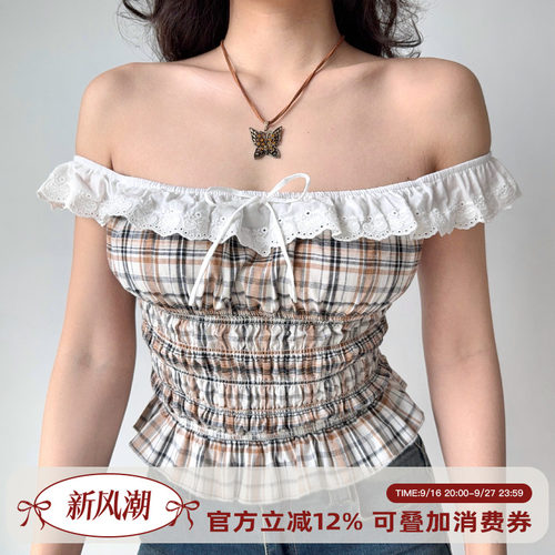 Go Girl Go 自制美式复古两穿一字领格子无袖上衣女收腰显瘦衬衫