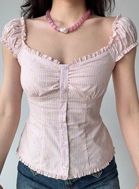 Go Girl Go 自制法式甜美粉色条纹泡泡袖小上衣女夏修身短袖衬衫