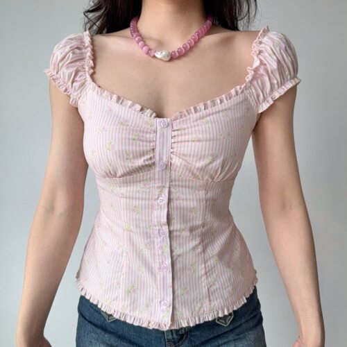 GoGirlGo法式粉色泡泡袖上衣女