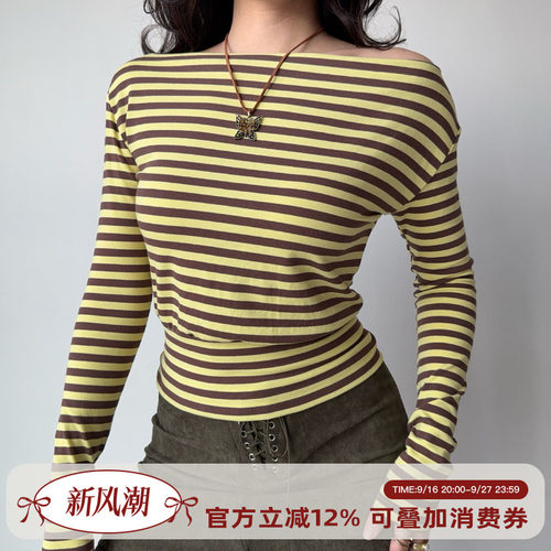 Go Girl Go 自制复古欧美风一字领长袖T恤女撞色条纹收腰短款上衣