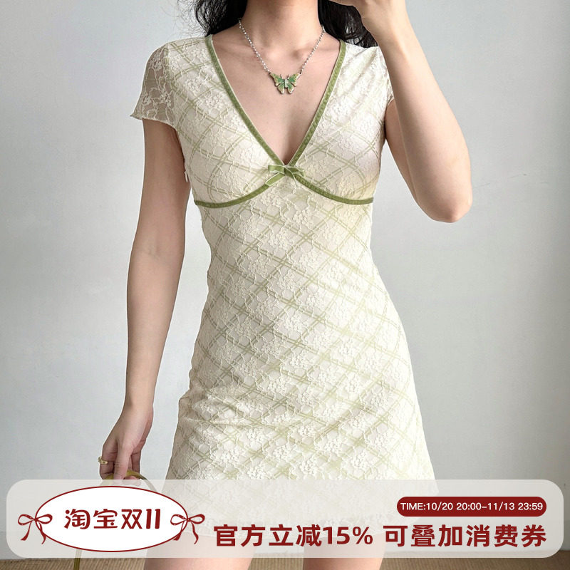 Go Girl Go 自制欧美风性感深V领蕾丝格子短袖连衣裙女夏季