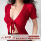 女短款 系带红色针织开衫 自制欧美风简约V领短袖 上衣 Girl