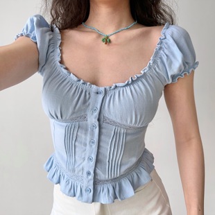 T恤女单排扣修身 自制欧美风立体剪裁花边短袖 高腰上衣 Girl