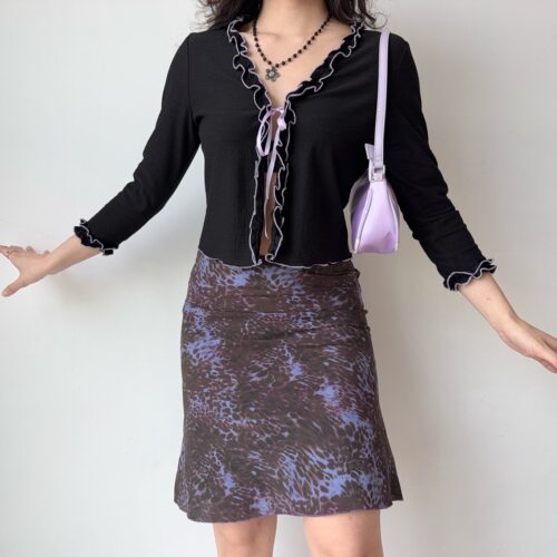 Go Girl Go 自制复古欧美风撞色木耳花边系带开衫女七分袖上衣