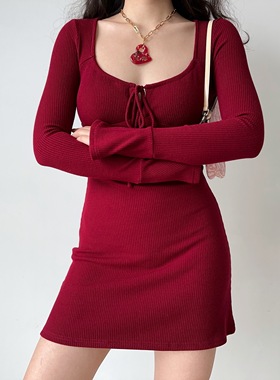 Go Girl Go 自制欧美新年红色绑带U领长袖针织连衣裙辣妹修身短裙