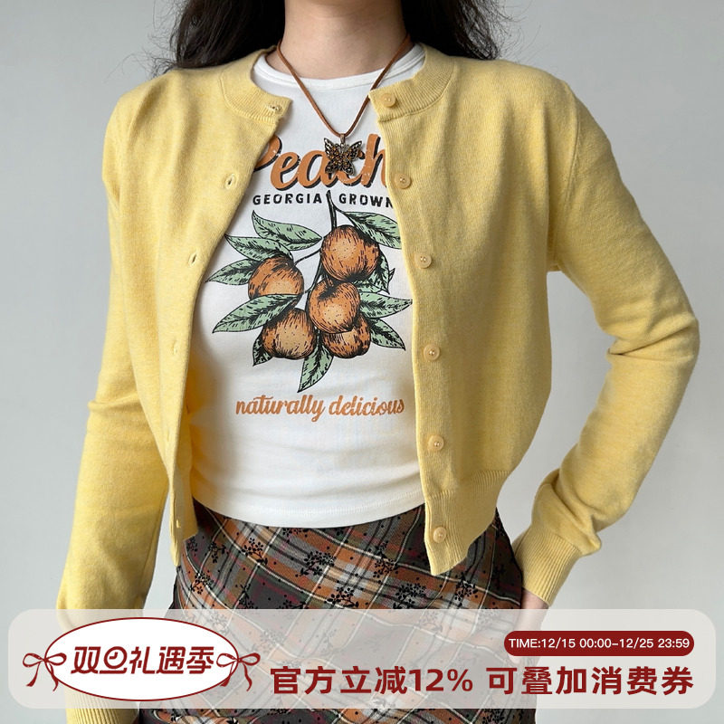 Go Girl Go 欧美复古小圆领纯色简约百搭长袖针织开衫毛衣女