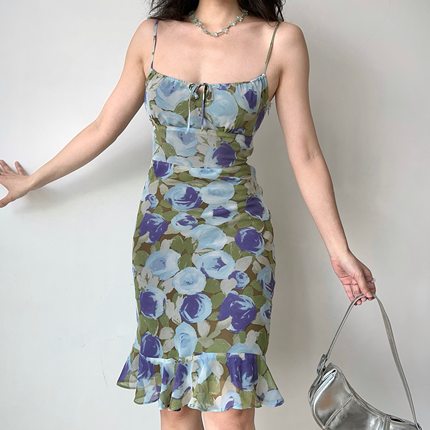 Go Girl Go 自制欧美风印花吊带裙修身连衣裙荷叶边包臀裙子女夏