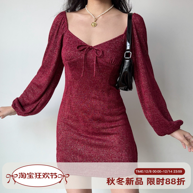 Go Girl Go 圣诞限定/自制复古欧美风细闪红色连衣裙女灯笼袖短裙