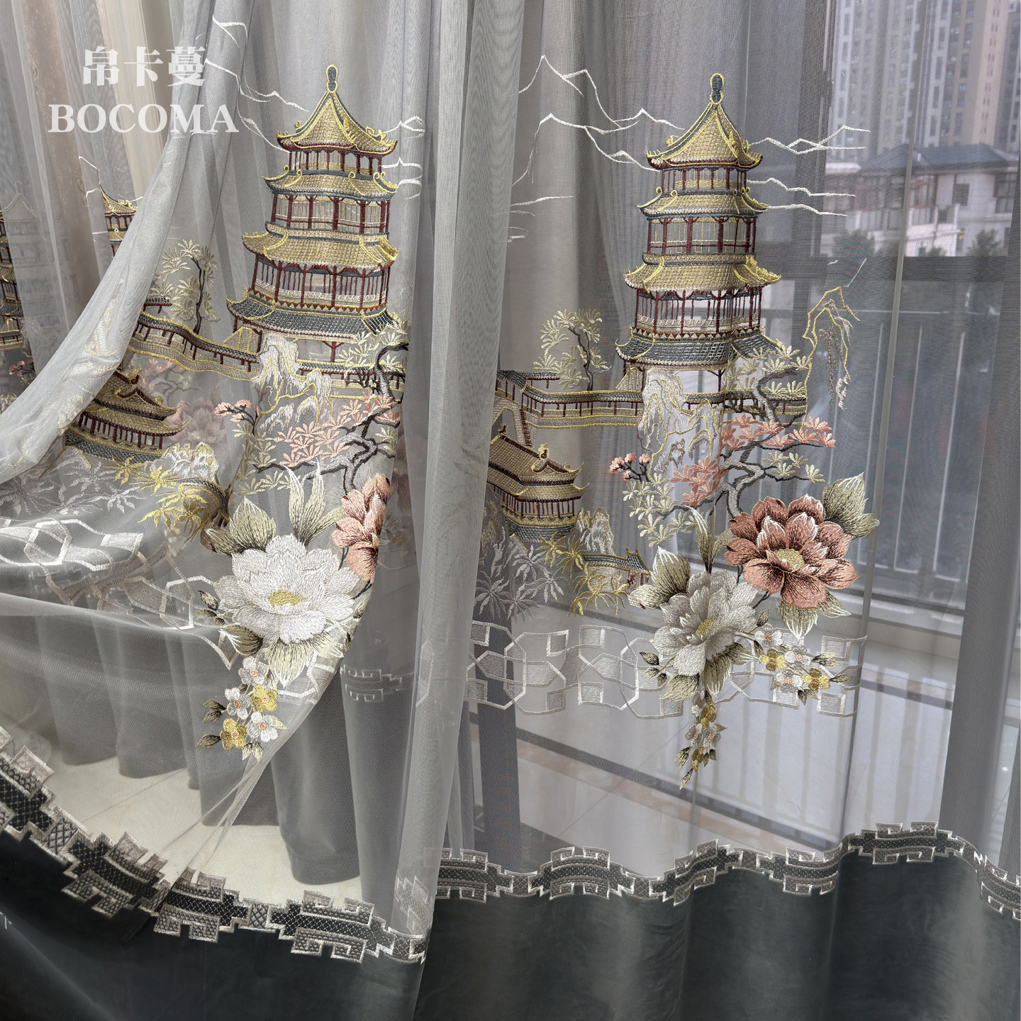 新款中式复古亭台楼阁牡丹花绣花窗纱定制别墅客厅阳台刺绣中国风,居家布艺,定制窗帘,淘宝优惠券,粉丝福利购,淘宝优惠卷