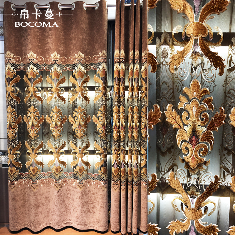 高档奢华别墅欧式简欧客厅阳台镂空绣花窗帘成品定制亮片刺绣窗纱