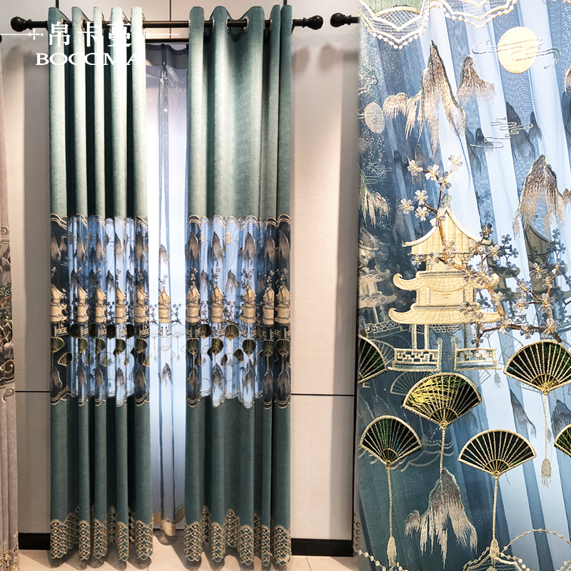 客厅阳台绣花雪尼尔窗帘成品定制高档复古别墅新中式刺绣布帘窗纱