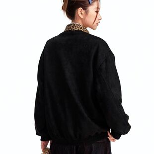 新款 外套女2026春季 休闲刺绣宽松上衣潮 豹纹翻领刺绣夹克短款 美式