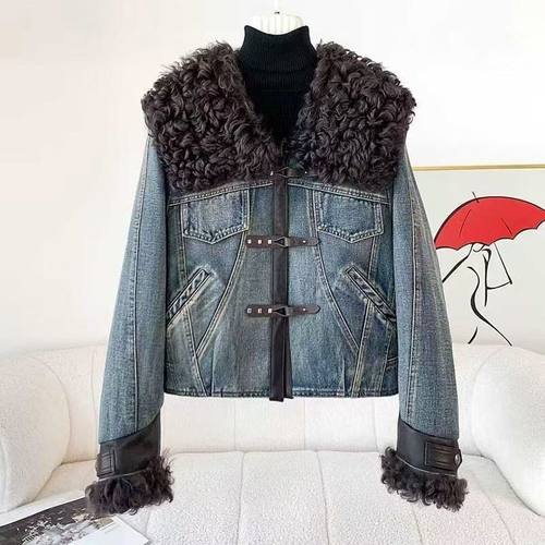 2025秋冬新款女士羊毛卷短款派克服保暖复古牛仔羽绒服外套女冬款