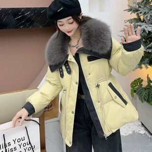 2025冬季新中长款羽绒服女杏黄色白鸭绒收腰修身显瘦时尚保暖外套