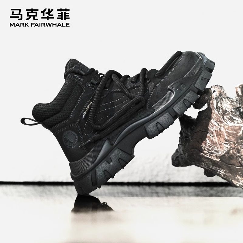 马克华菲靴子男款棉鞋工装鞋男冬季新款黑色加绒雪地靴男士马丁靴