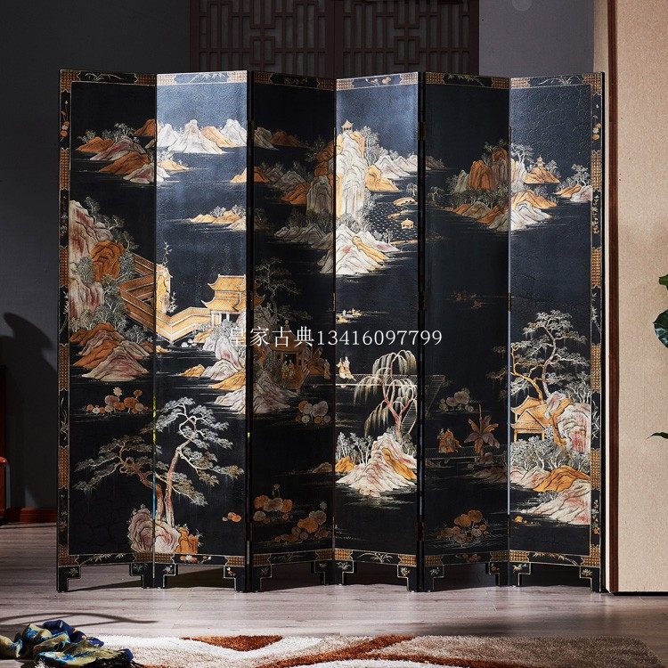 中式座屏折屏古典家具酒店移动折叠描金屏风隔断玄关背景壁画手工
