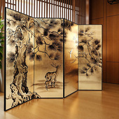 中式 折叠移动金箔屏风客厅隔断办公室简约手绘漆画松林茶室背景墙