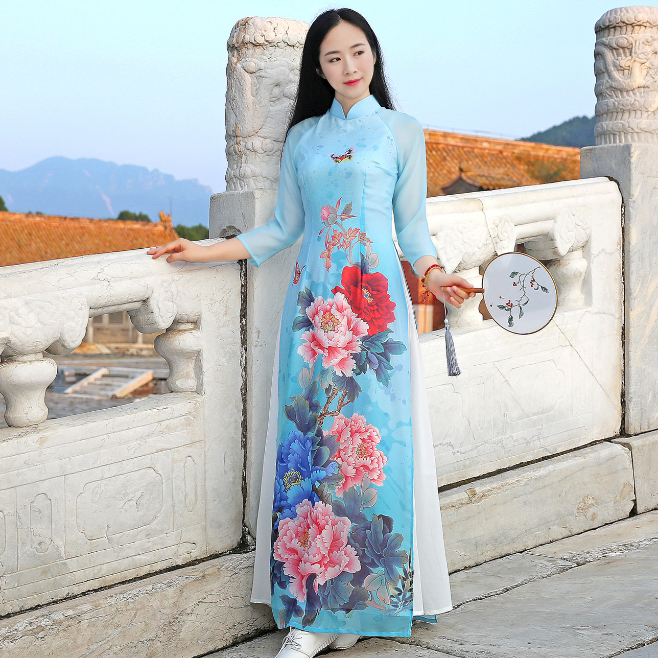 修身立领旗袍中国风飘逸茶服印花