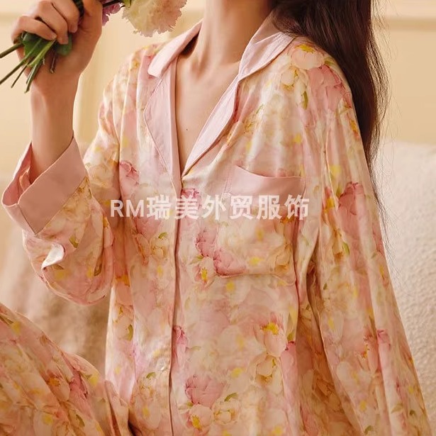 春季新款女睡衣套装贡缎棉绸甜美温柔田园法式花卉长袖长裤家居服